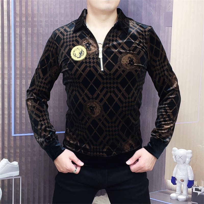 2025男士春秋季网红拉链新款翻领长袖卫衣衬衫修身帅气套头T恤