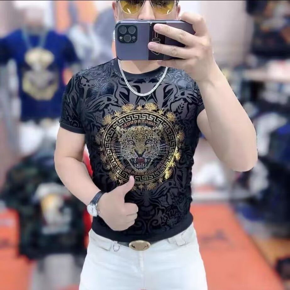 欧洲站夏季男士新款高定重工虎头时尚潮流冰丝修身弹力短袖T桖男