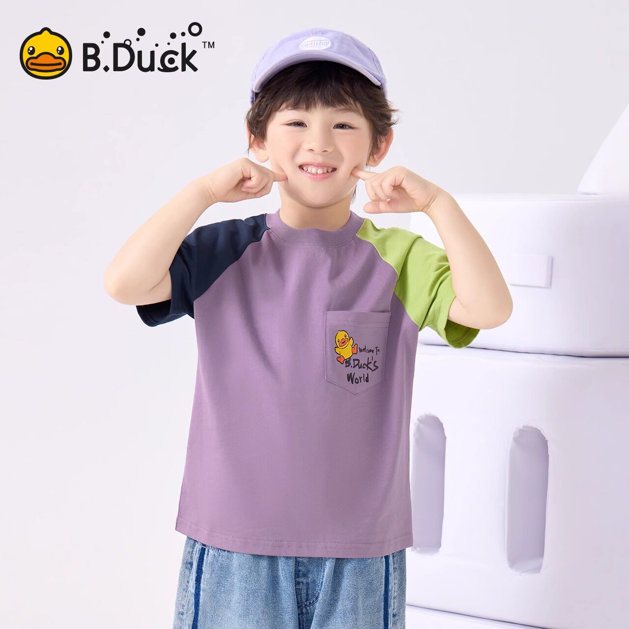 bduck小黄鸭男童中大童抗菌纯棉t恤夏季新款儿童拼色短袖上衣体恤
