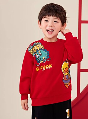 bduck小黄鸭男童加绒卫衣冬季2025新款红色龙年宝宝过年拜年衣服