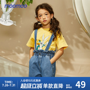 女孩兒休閑高腰木耳邊全棉牛仔短褲 moomoo童裝 女童背帶短褲 夏新款