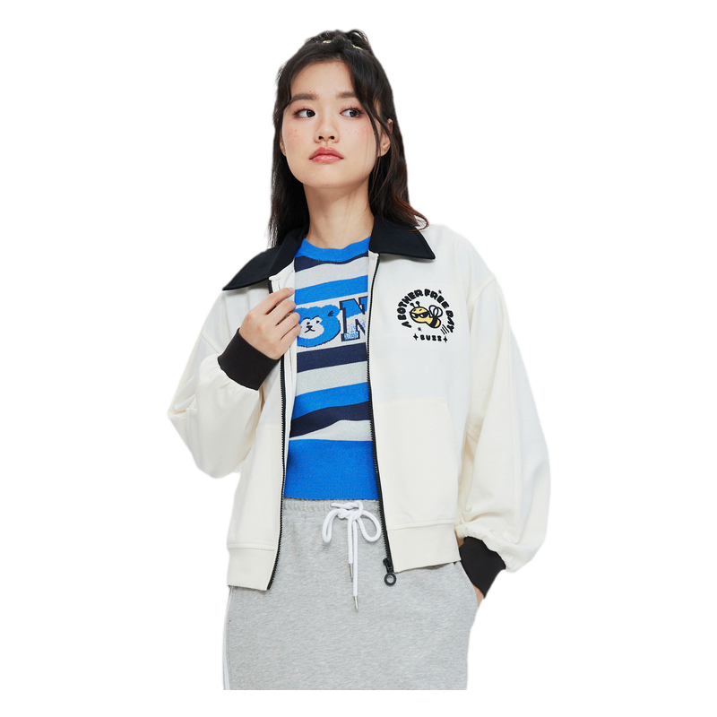 美特斯邦威卫衣女秋冬季潮流蜜蜂熊撞色百搭翻领甜美纯棉针织开衫