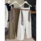 设计感丝巾系带高腰百搭直筒裤 感太金棉浅灰休闲阔腿裤 女春韩版 潮