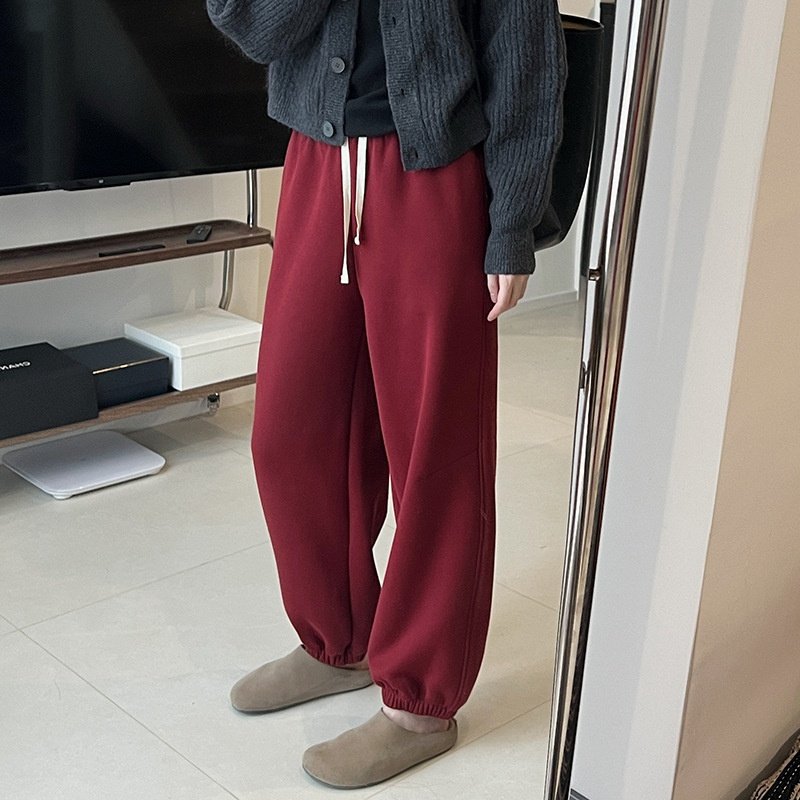 安可拉红色抽绳加厚卫裤女秋冬松紧腰宽松显瘦保暖运动休闲裤,女装/女士精品,卫裤,淘宝优惠券,粉丝福利购,淘宝优惠卷