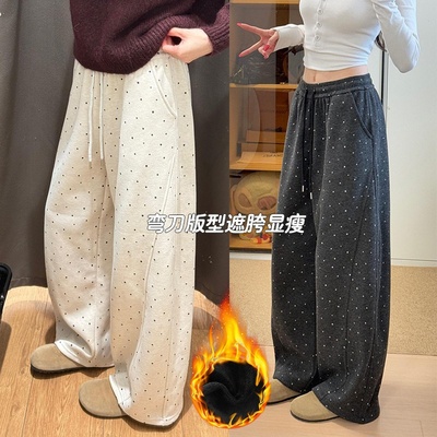秋冬加绒高腰显瘦毛呢波点阔腿裤
