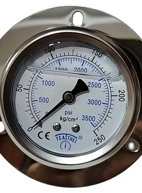 YEATHEI 雅德60MM轴向带边充油耐震压力表0-250KG/3500PSI  1/4pt