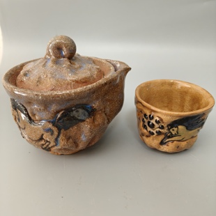 日本相马烧粗陶手捏主人杯高5cm茶杯公道杯宝瓶