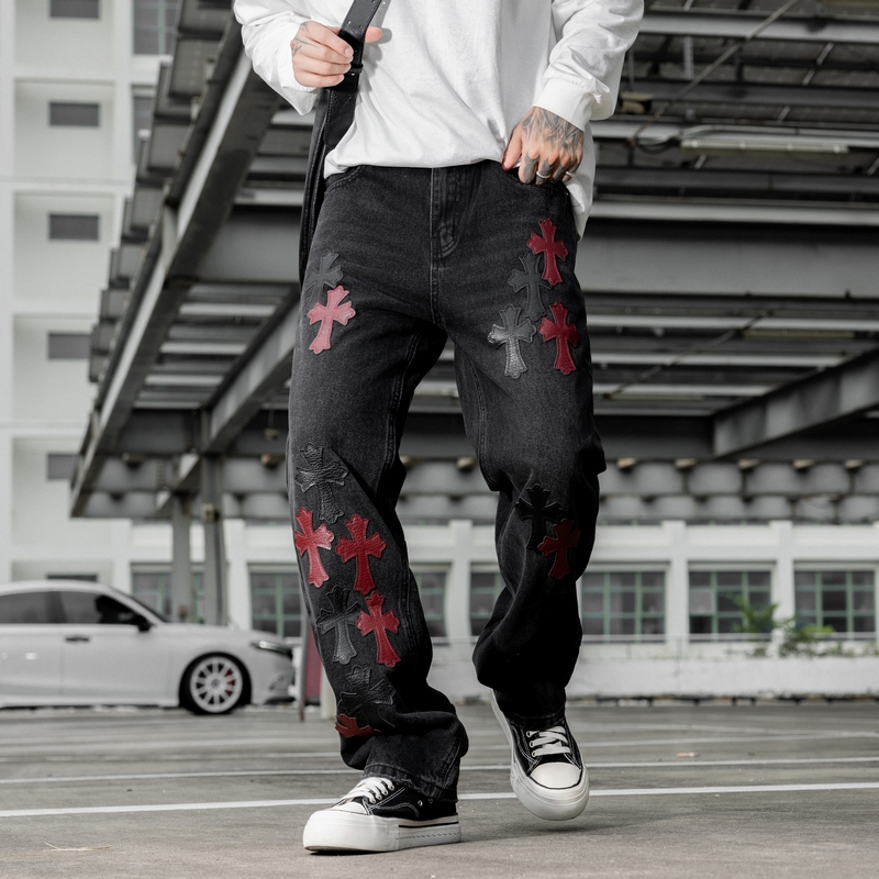 潮流高街牛仔裤美式刺绣克罗家十字架宽松直筒裤牛仔长裤男女同款