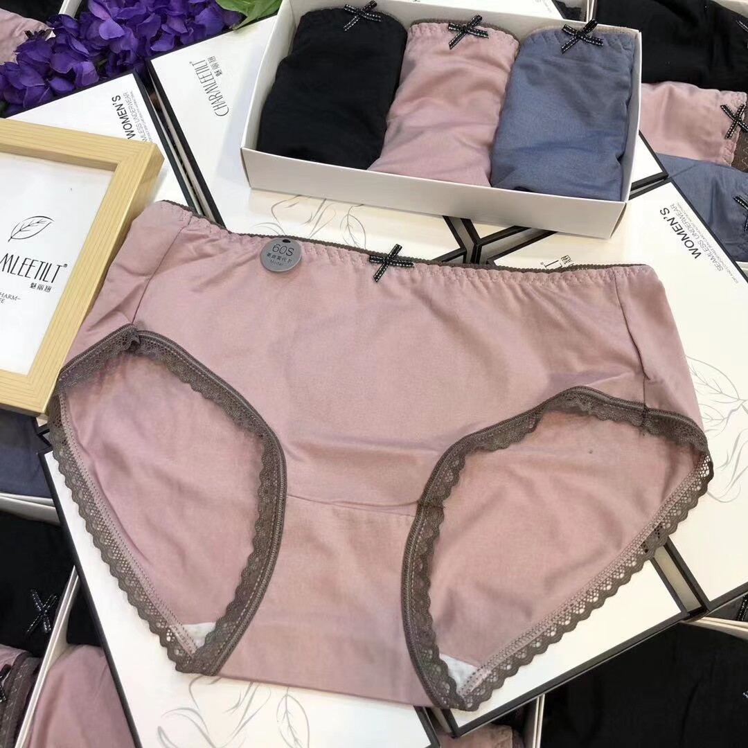 魅丽翘精品三条装亮丝莫代尔舒适棉裆蕾丝边无痕三角内裤子女短裤