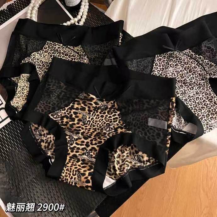 豹纹纯欲内裤拼接网纱中腰三角裤