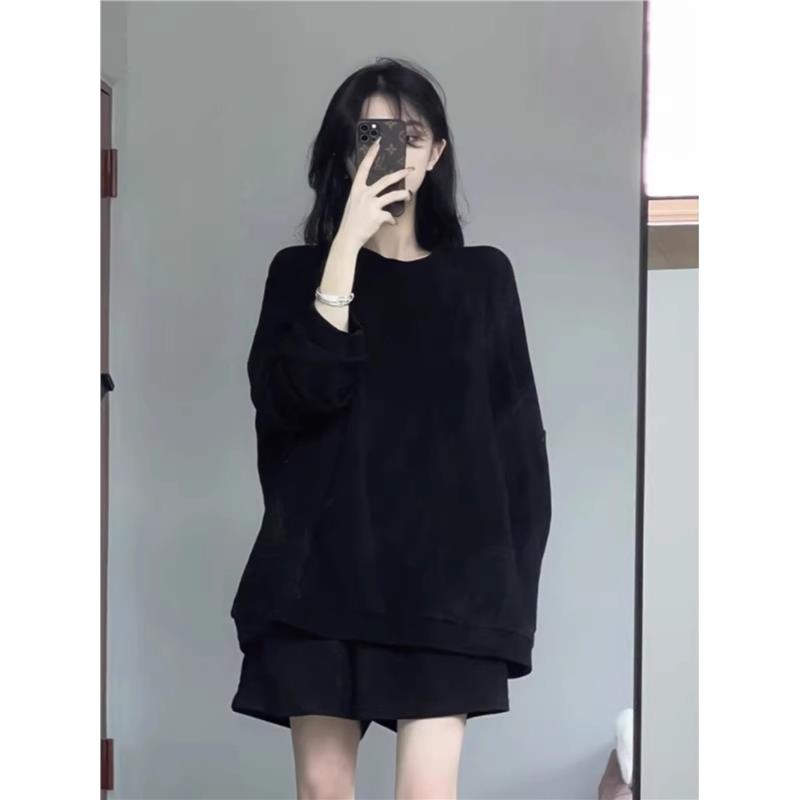 欧洲站春装新款韩版运动休闲套装小个子黑色宽松卫衣短裤两件套女
