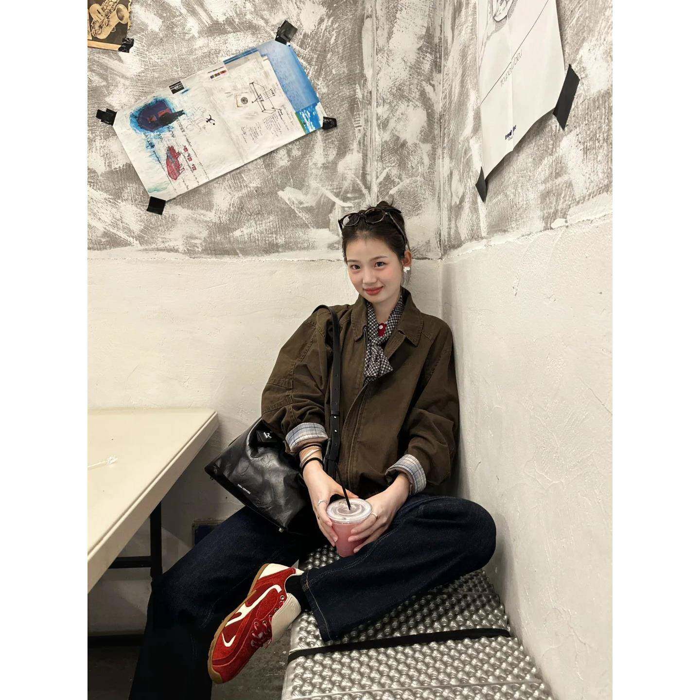 Coex Mall 首尔 ◆戈尔德~韩国春季翻领设计深咖色短款夹克外套女