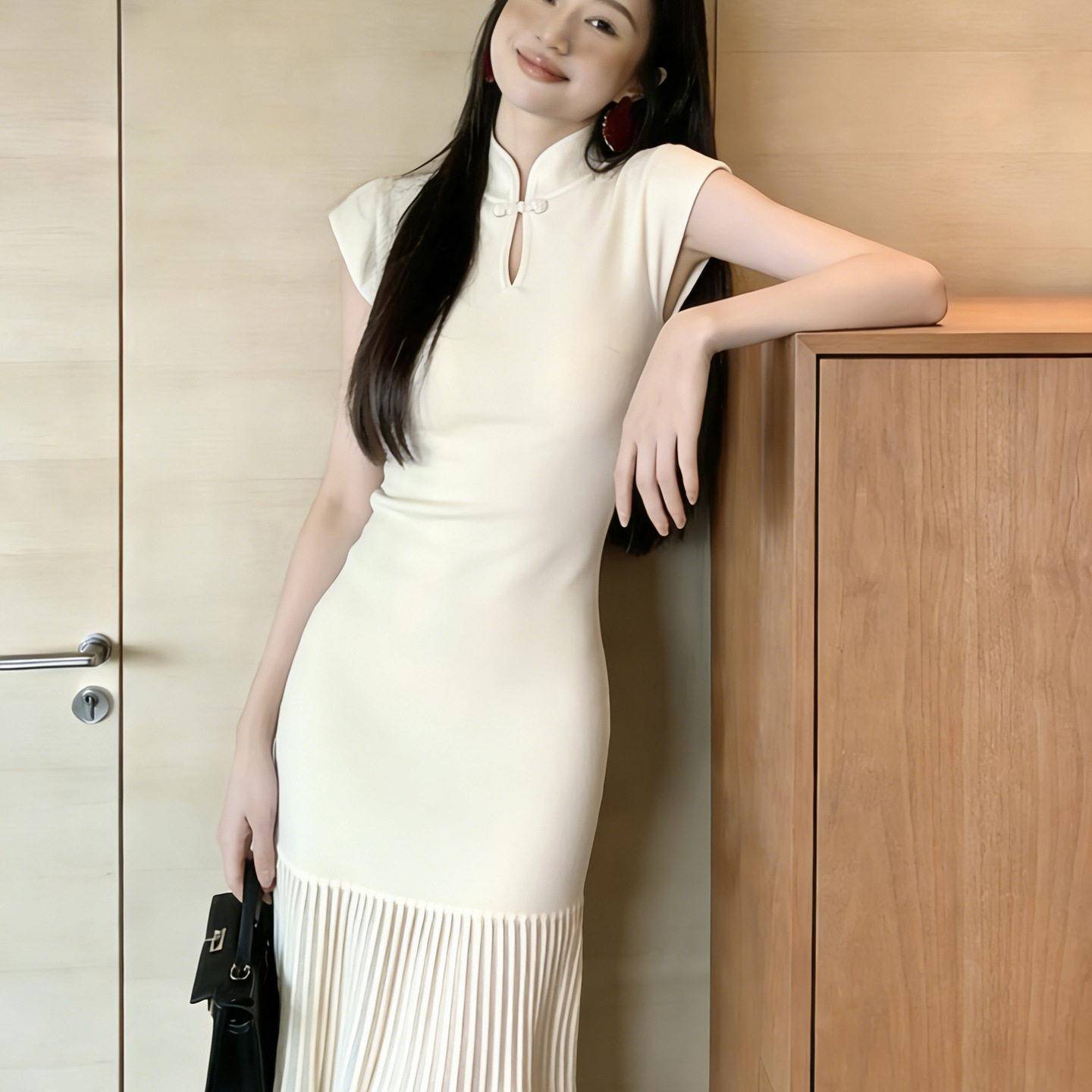 欧洲站新款白色鱼尾旗袍针织女订婚小礼服中国风设计感连衣裙