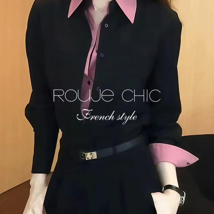法国rouje chic春黑粉撞色假两件翻领衬衫女法式拼接时髦气质上衣