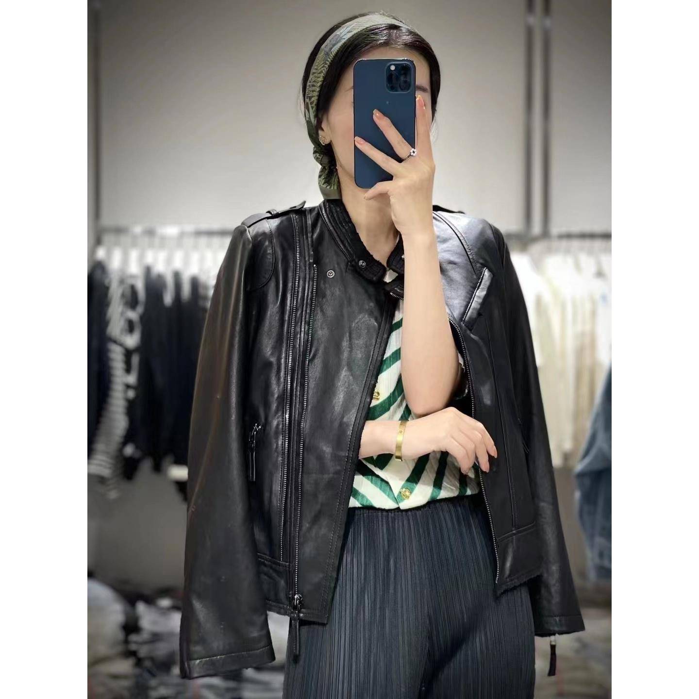 海宁2025新款韩版立领上衣短款皮衣女士机车服皮夹克外套修身大尺