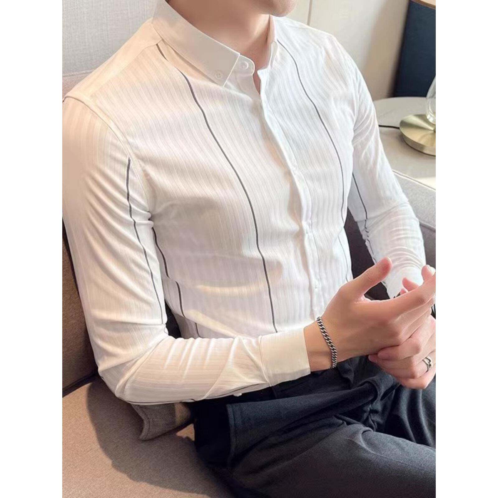 潮牌1818条纹衬衫男士长袖商务春秋季新款内搭休闲高级感西装衬衣