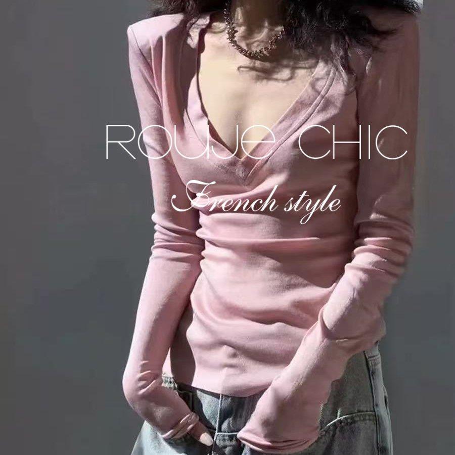 法国rouje chic春季粉色深v领长袖T恤女法式纯欲风性感辣妹打底衫