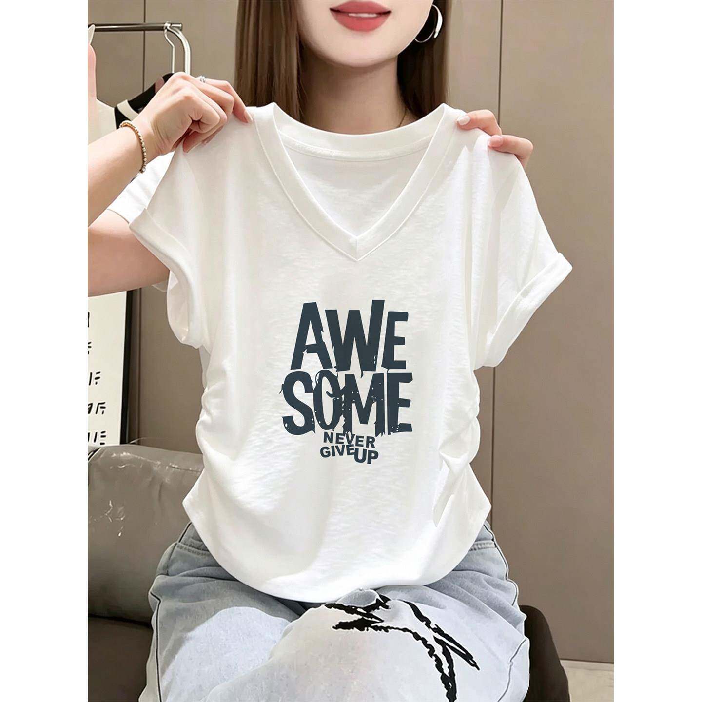 韩国设计感正肩V领纯棉短袖t恤女时尚收腰修身显瘦白色上衣夏季