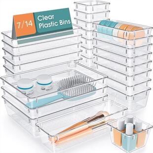 7 14pcs Drawer Organizers Set Clear Plastic Desk Dividers Bi