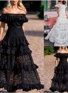 Womens oneshoulder cutout lace dress 女一字肩镂空蕾丝