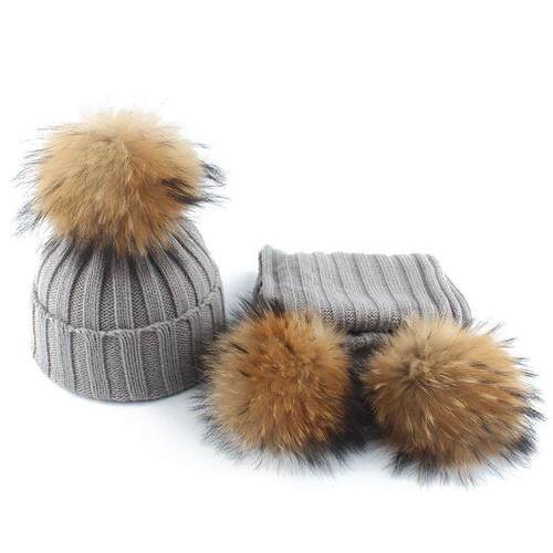 2023 Fashion Children Winter Real Fur Pompom Beanie Hat Scar