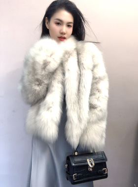 立领奶灰色狐狸毛皮草双色定染海宁轻奢真毛皮毛一体千金短款外套