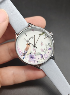 紫色薰衣草配色 小清新女士石英表手表裸色淡蓝色花鸟风格个性表