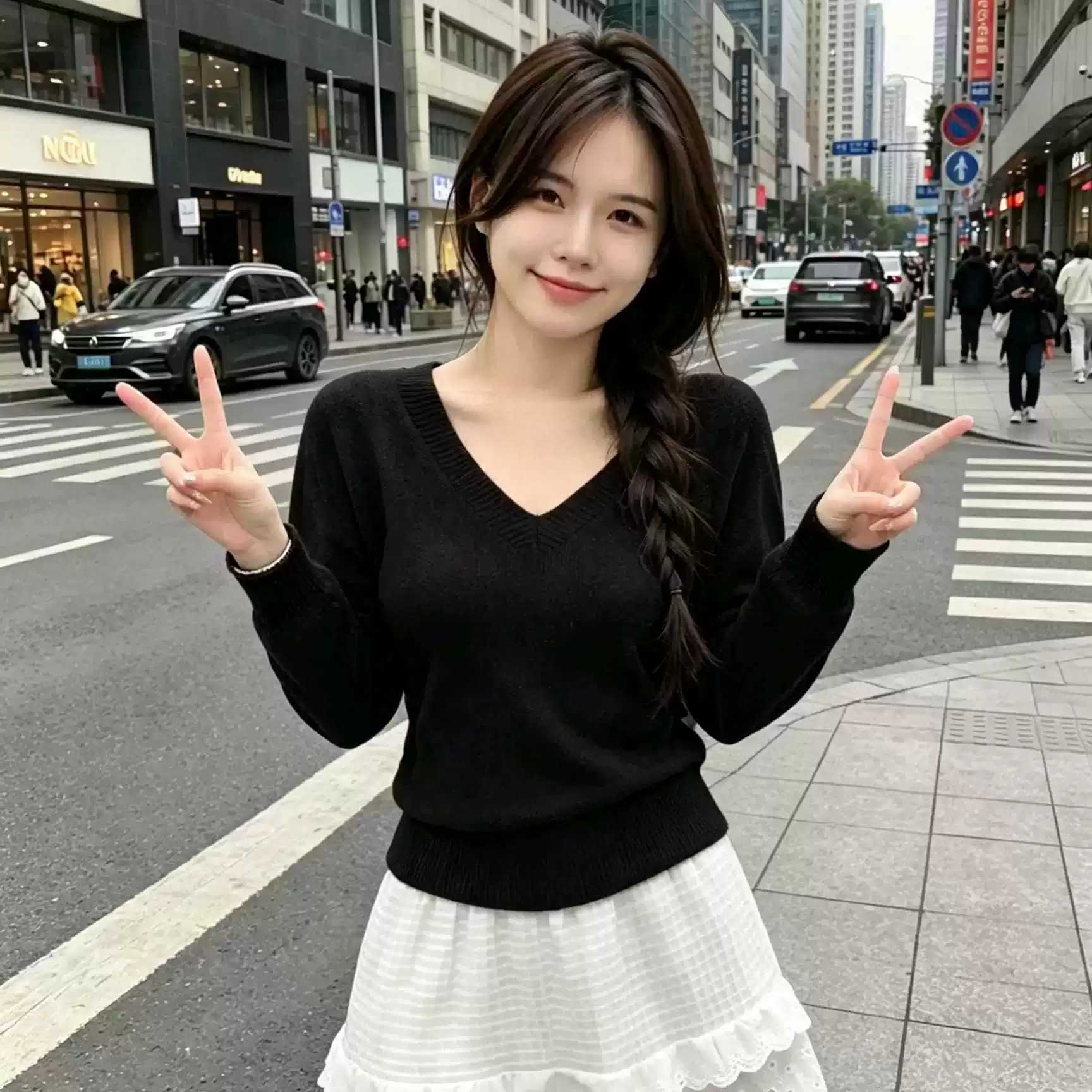 A款春秋冬季V领长袖女针织衫|