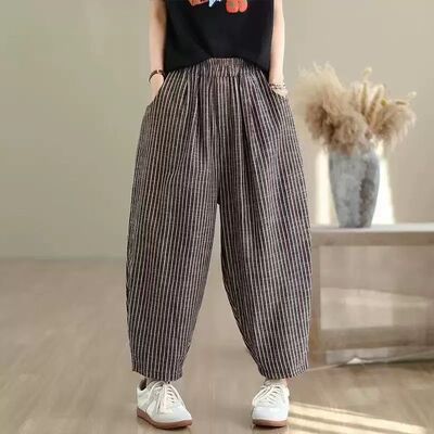 C131春季新款棉麻竖条纹休闲裤宽松女款百搭