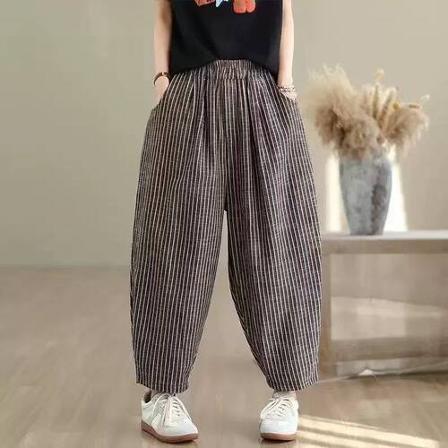 C131春季新款棉麻竖条纹休闲裤宽松女款百搭