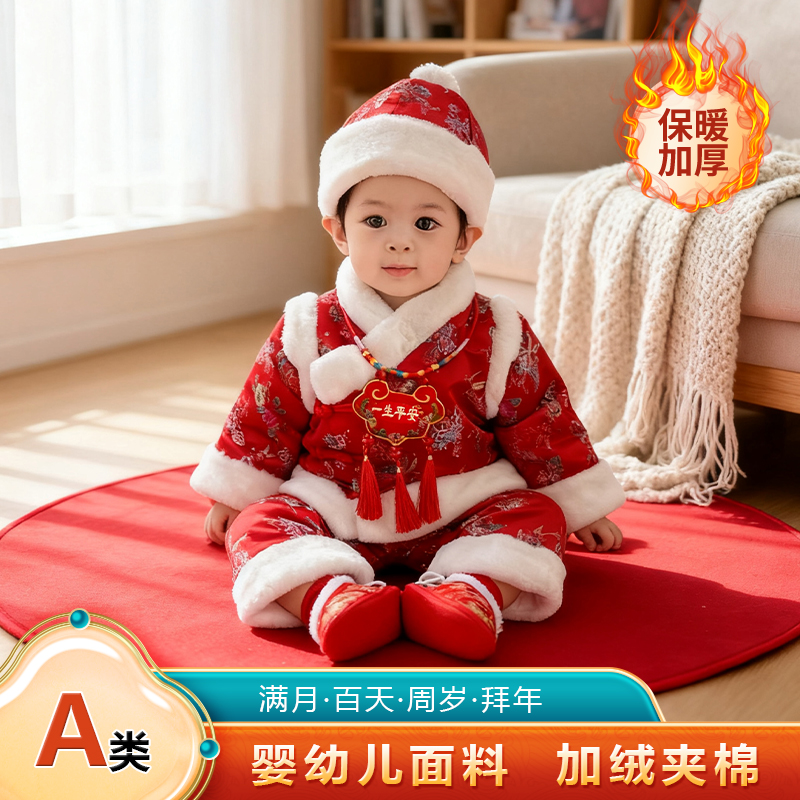 宝宝拜年服女冬季加厚唐装婴儿百天周岁抓周礼服男女童加厚拜年服