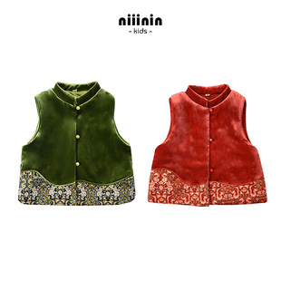 柔软保暖！儿童中国风马甲秋冬季男女宝宝丝绒夹棉加厚外套拜年服