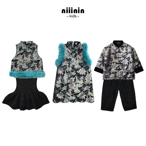 新款儿童拜年服新中式姐弟装国风女童马甲背心裙男童加棉外套套装