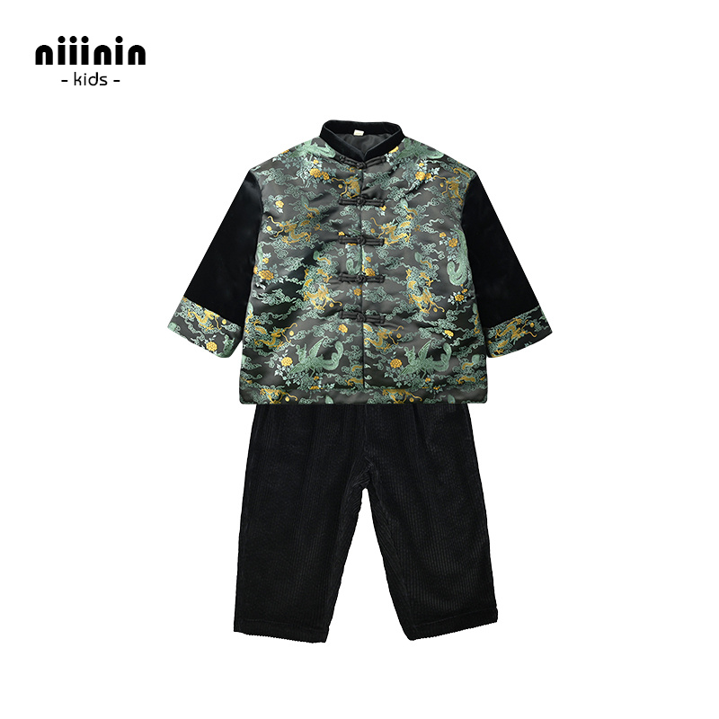 男童唐装套装新中式龙凤织锦缎拼丝绒夹棉棉衣外套宝宝新年拜年服