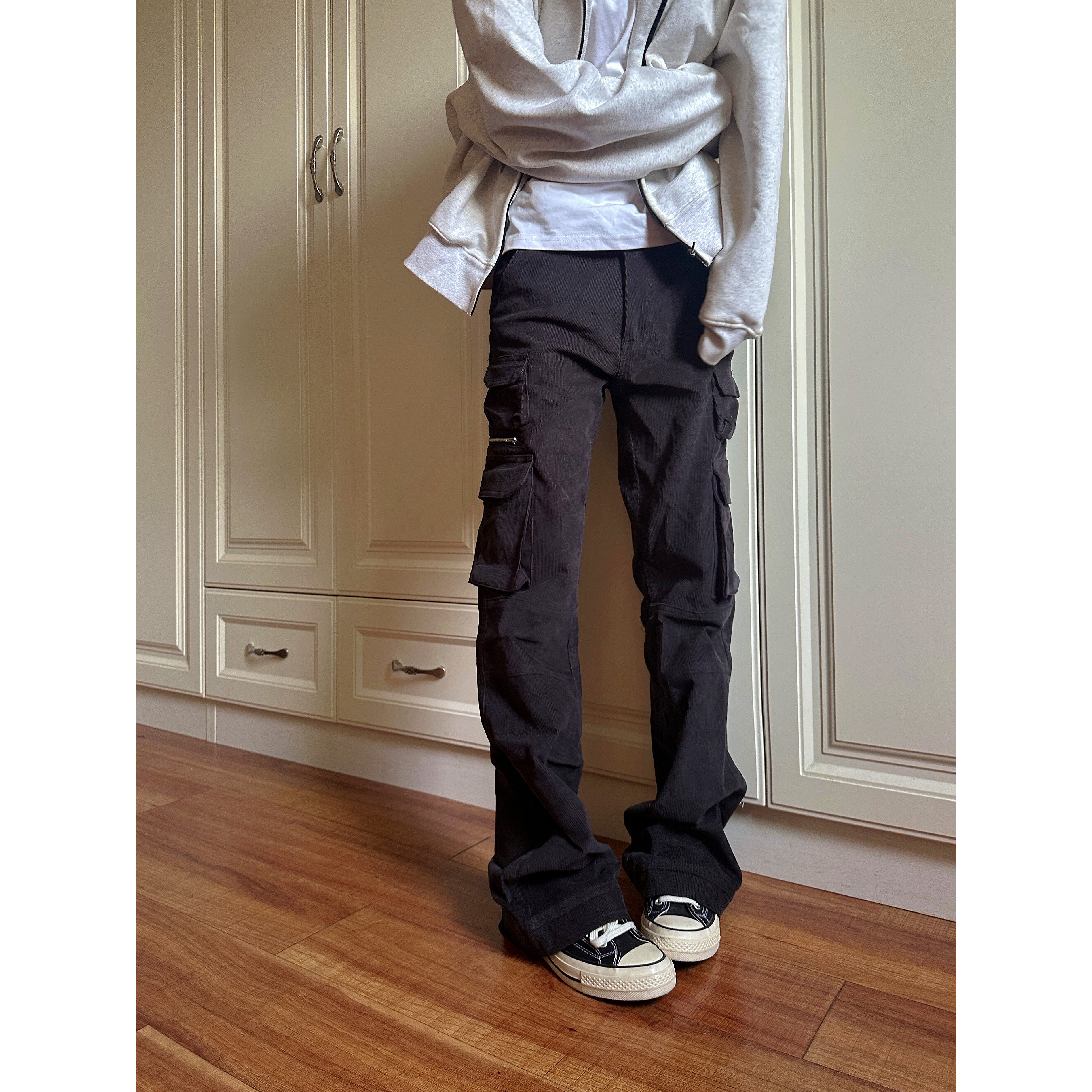 F383 2026美式复古简约百搭直筒微喇工装长裤多口袋灯芯绒男女ins