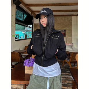 F383 2025美式复古辣妹翻领收腰短款开衫外套vintage修身百搭上衣