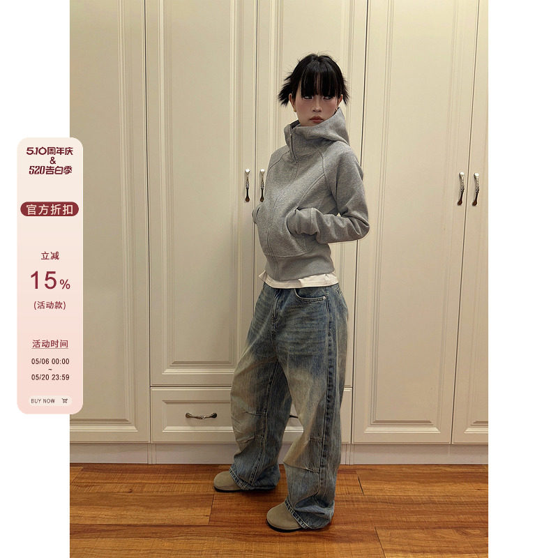 F383 2026灰色短款连帽卫衣女早秋新款修身显瘦长袖美式拉链外套