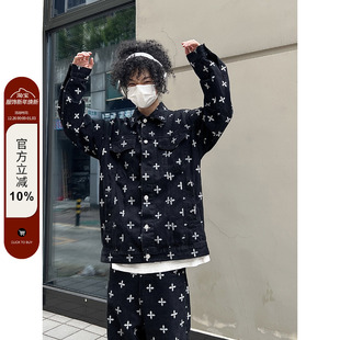 休闲百搭ins 街头满印宽松牛仔外套男女款 F383 2022AW国潮原创美式