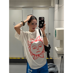 T恤夏季 手绘创意太阳印花圆领短袖 百搭宽松休闲打底上衣 美式 F383
