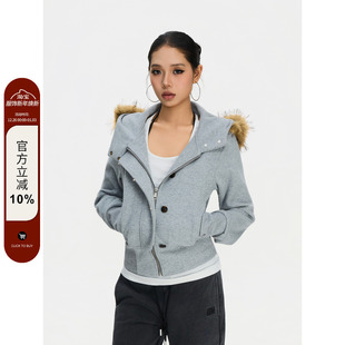 纯色休闲百搭上衣 复古辣妹连帽毛领灰色卫衣外套女短款 F383 美式