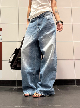F383 美式复古做旧水洗蓝色直筒牛仔裤男女宽松阔腿休闲长裤子ins