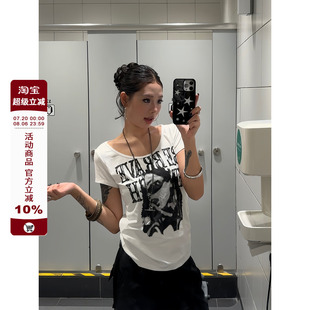 T恤修身 F383 復(fù)古辣妹人像字母印花短袖 設(shè)計(jì)感顯瘦上衣女夏季 美式