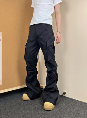 F383 2026春夏国潮原创褶皱Cleanfit通勤微喇工装裤大口袋休闲裤