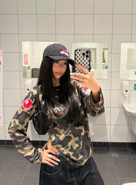 F383 美式复古迷彩字母印花长袖T恤男女街头风宽松休闲百搭上衣潮