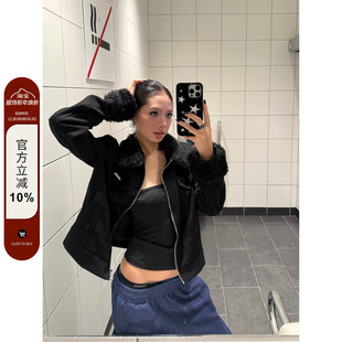 子毛毛设计修身 F383 毛领拉链外套袖 复古短款 百搭显瘦女ins 美式