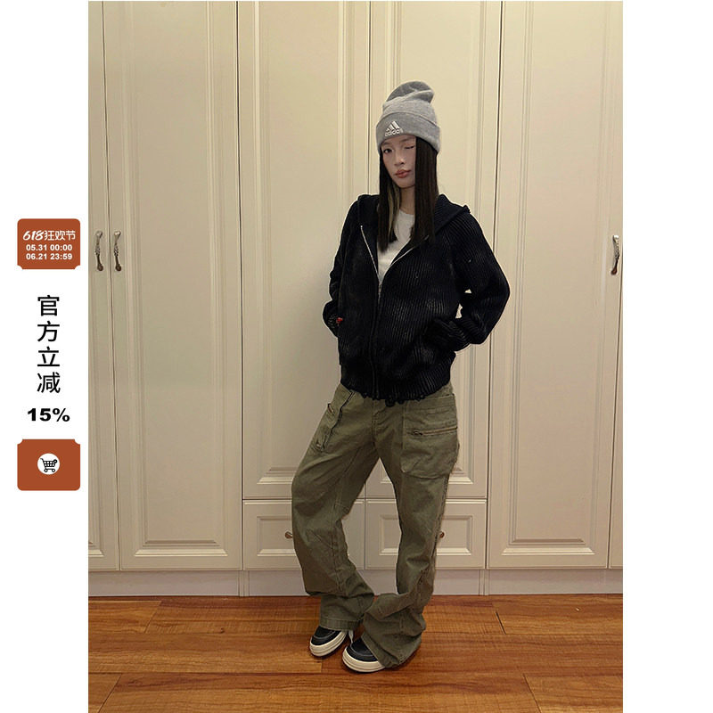 F383 2024美式慵懒长袖连帽毛衣秋冬bf风宽松时尚潮中长款男女ins