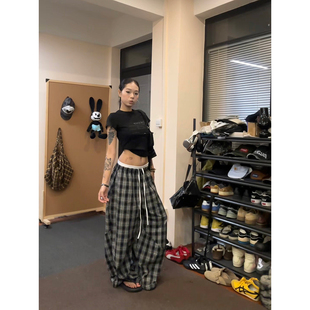 F383 美式复古慵懒风百搭格子裤男女爵士舞双腰头拼接宽松阔腿裤