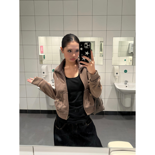 外套女秋季 复古铆钉做旧泼墨辣妹立领短款 休闲短上衣潮 美式 F383