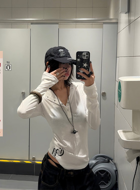 F383 美式朋克长袖连帽T恤哥特风防晒罩衫修身薄纱上衣女辣妹夏潮