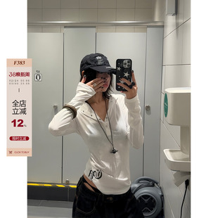 F383 美式朋克长袖连帽T恤哥特风防晒罩衫修身薄纱上衣女辣妹夏潮